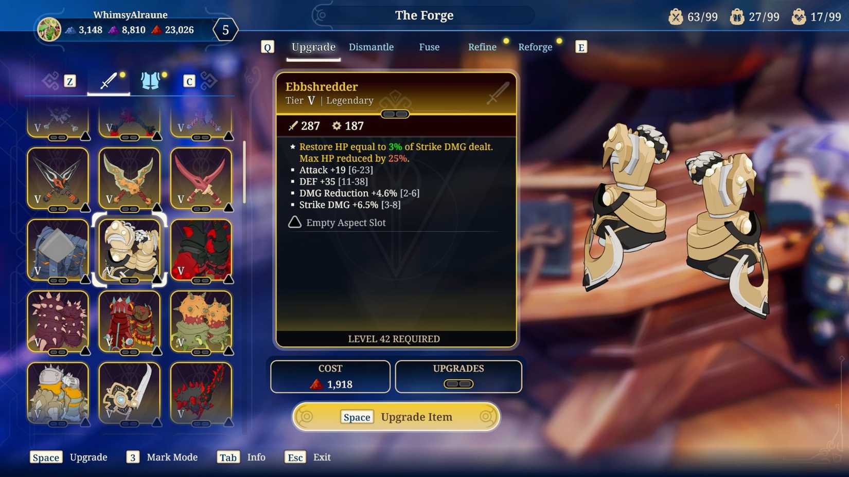 The legendary gauntlets, Ebbshredder, in Towerborne