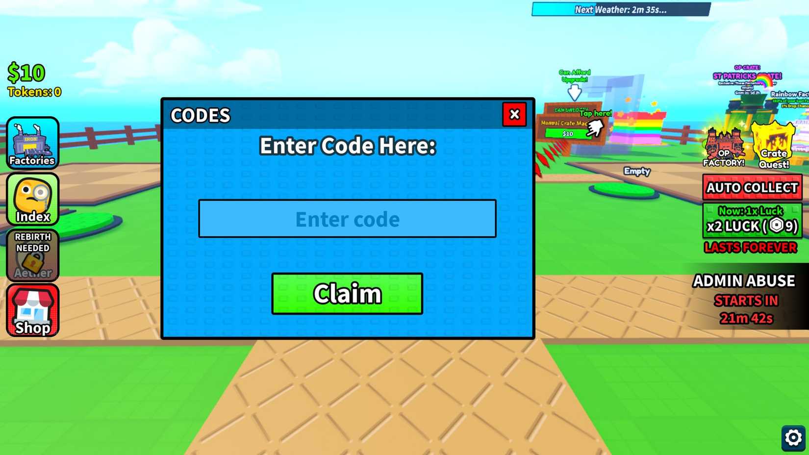 Expand the Factory - Codes tab