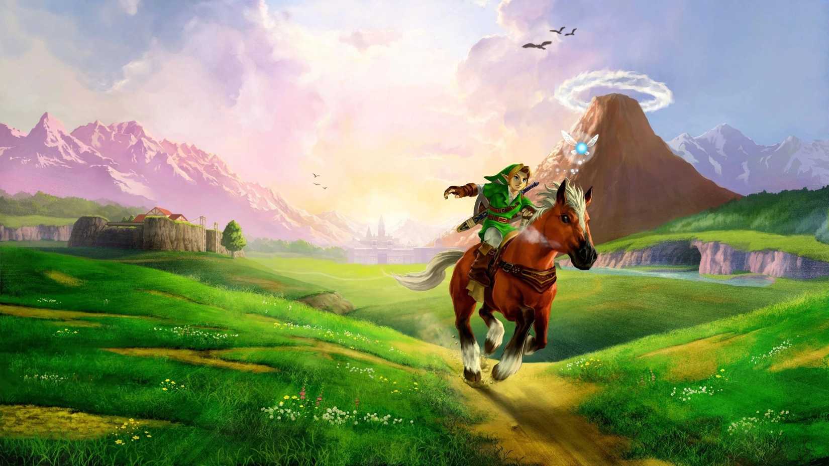 Zelda Ocarina of Time 3D Link on Epona with Death Mountain in the background