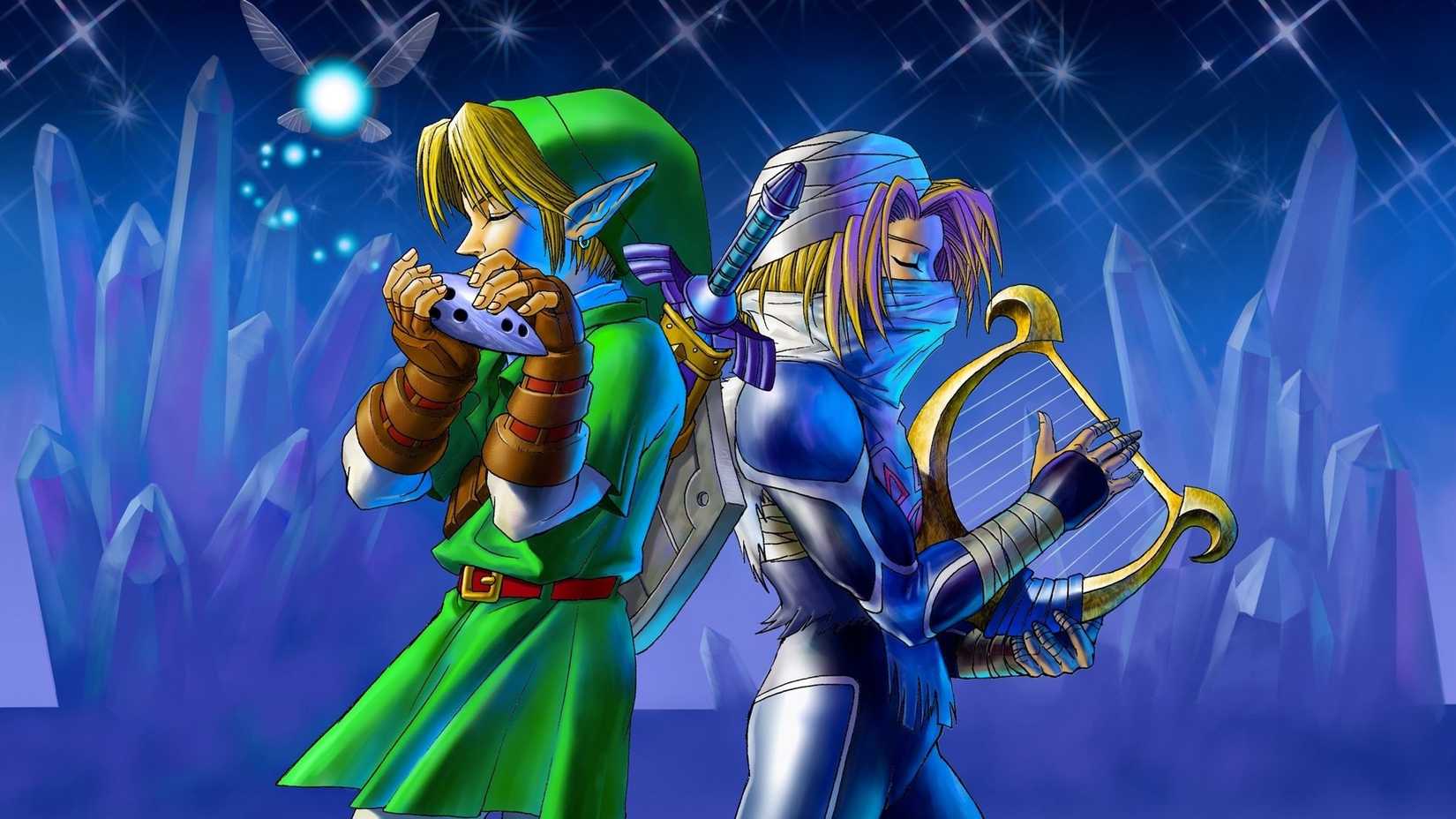 Zelda Ocarina of Time Link and Sheik playing instruments