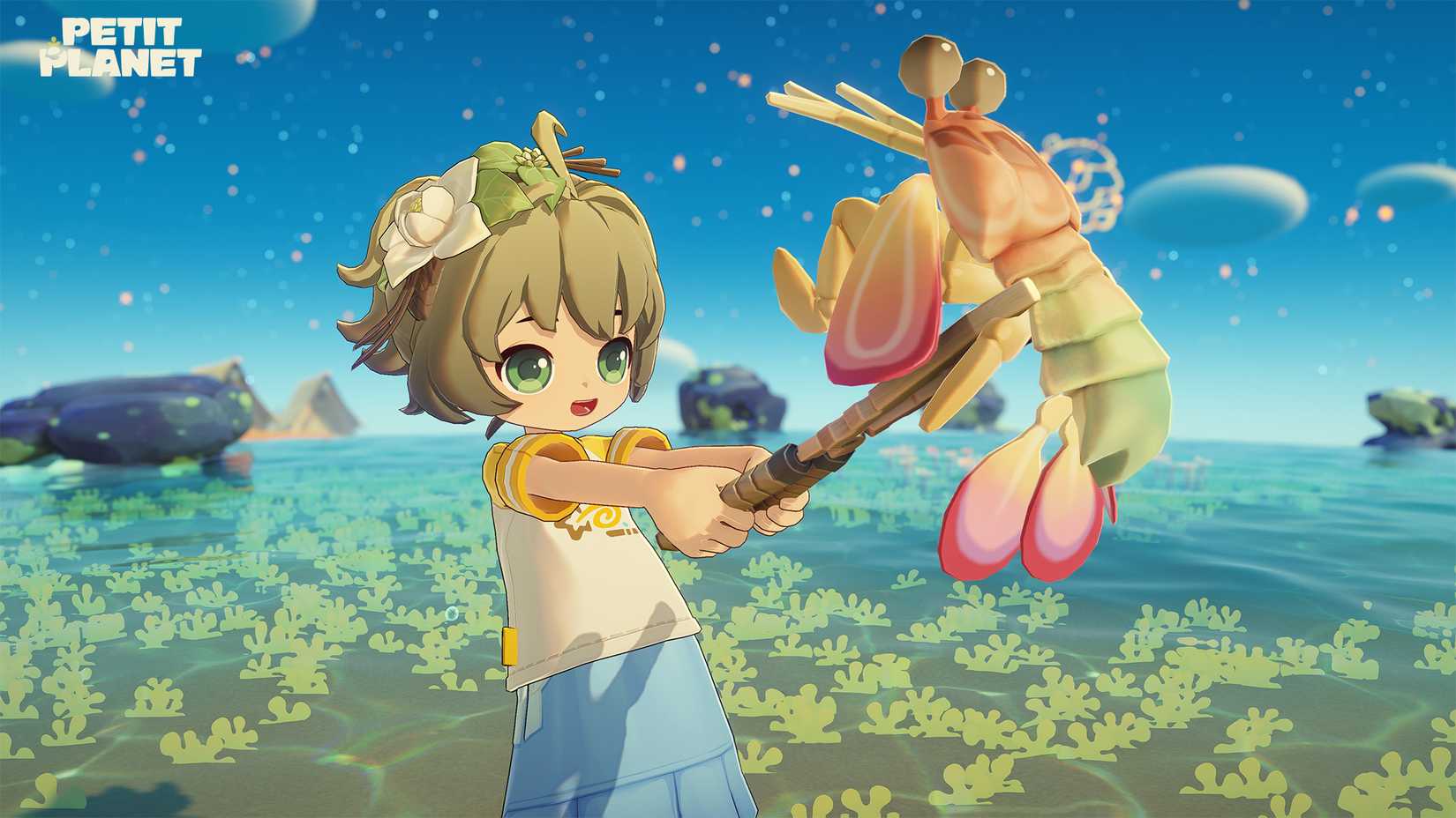 A character holding a lobster creature in Petit Planet