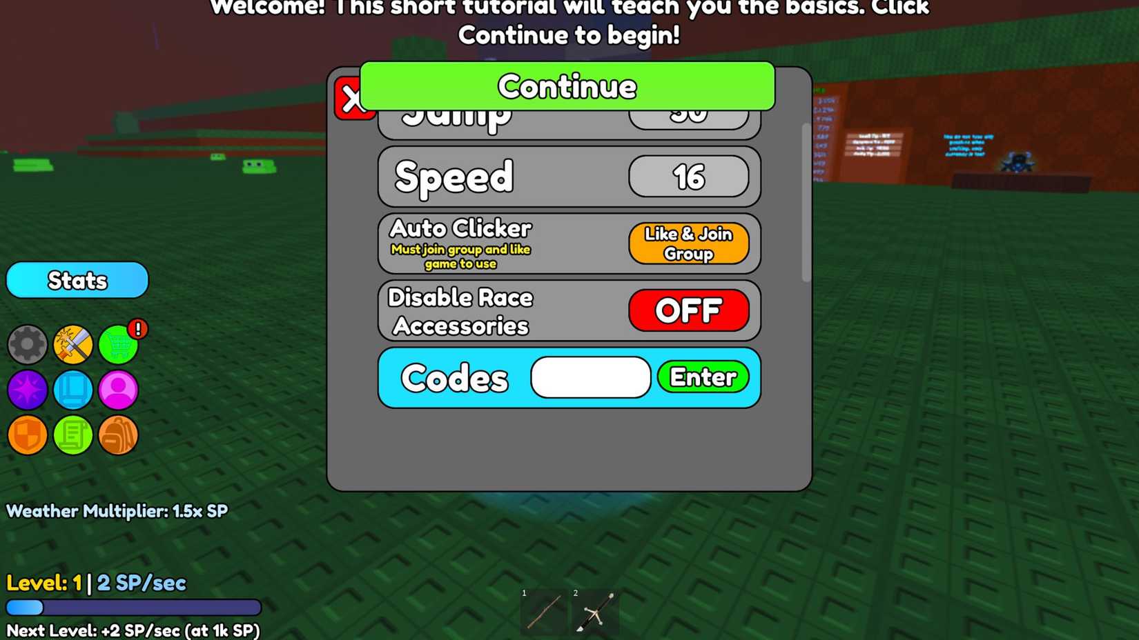 Get +1 skill point every second in the Codes tab