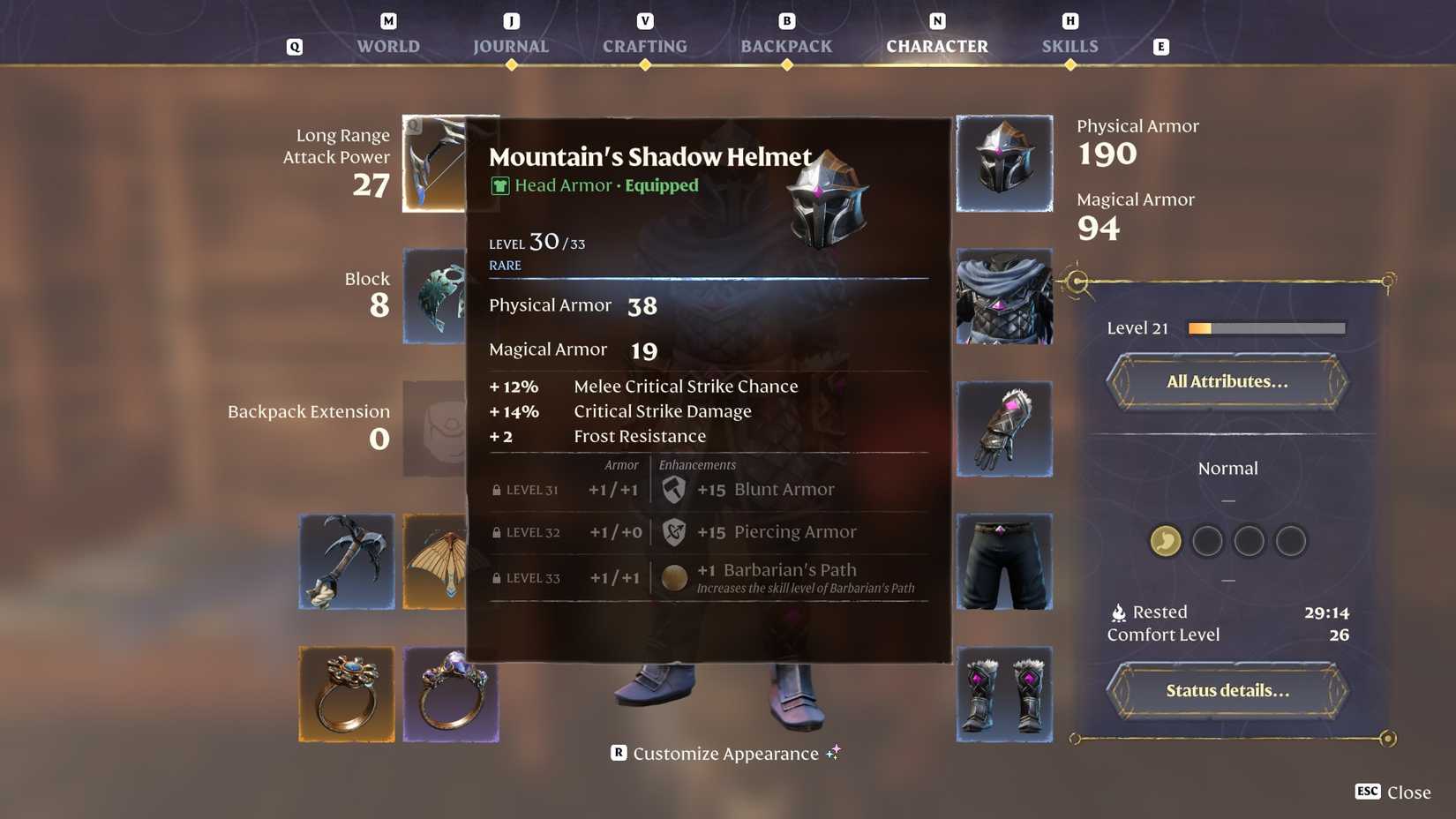 Enshrouded Mountain's Shadow Helmet stats