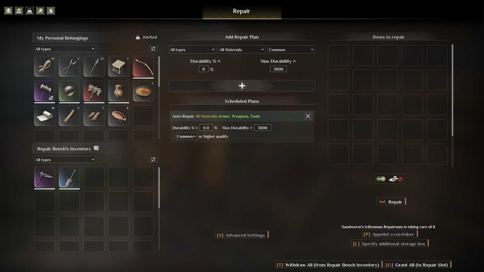 Soulmask Repair Bench menu