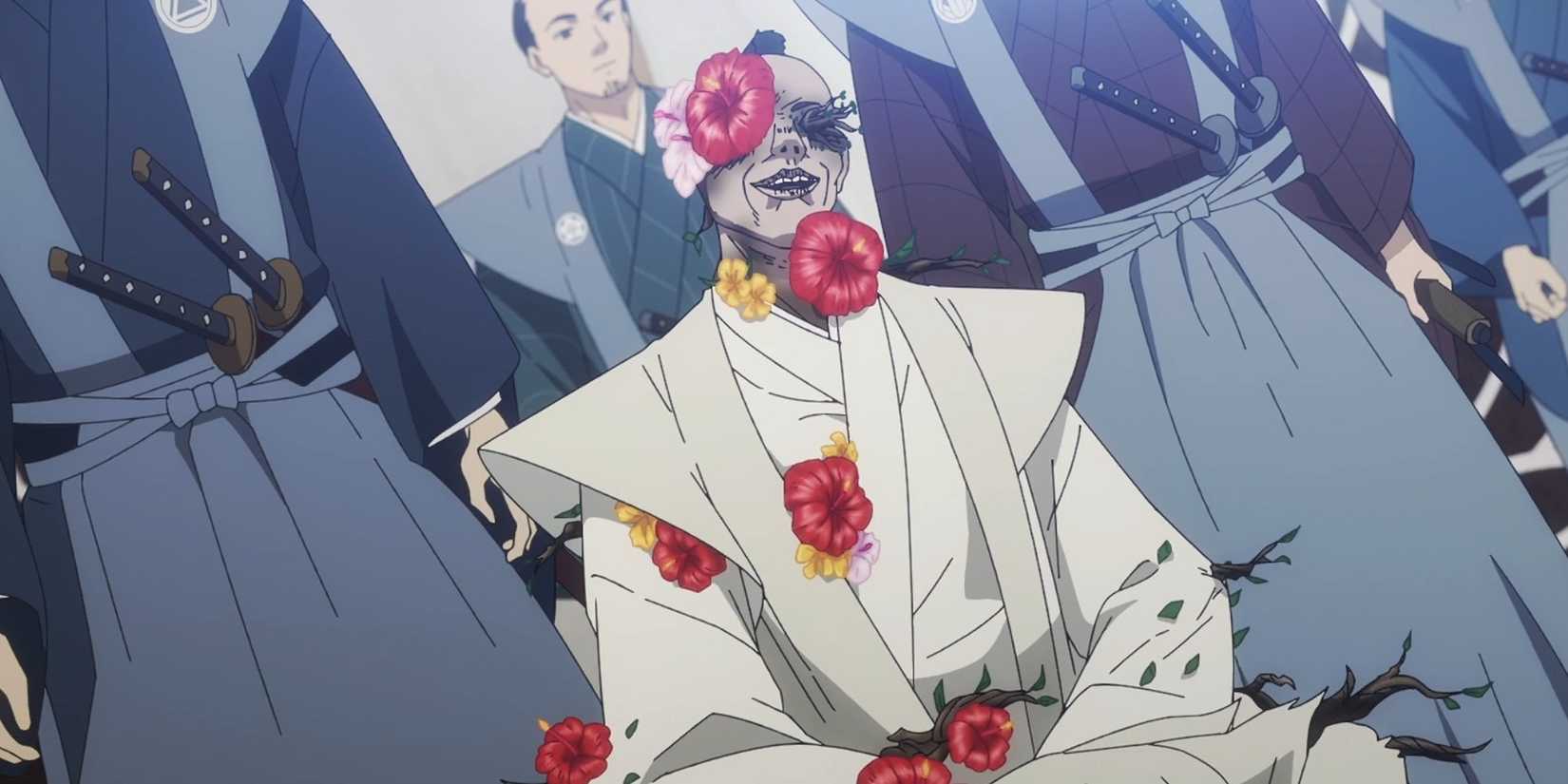 a dead man with flowers in hell's paradise.