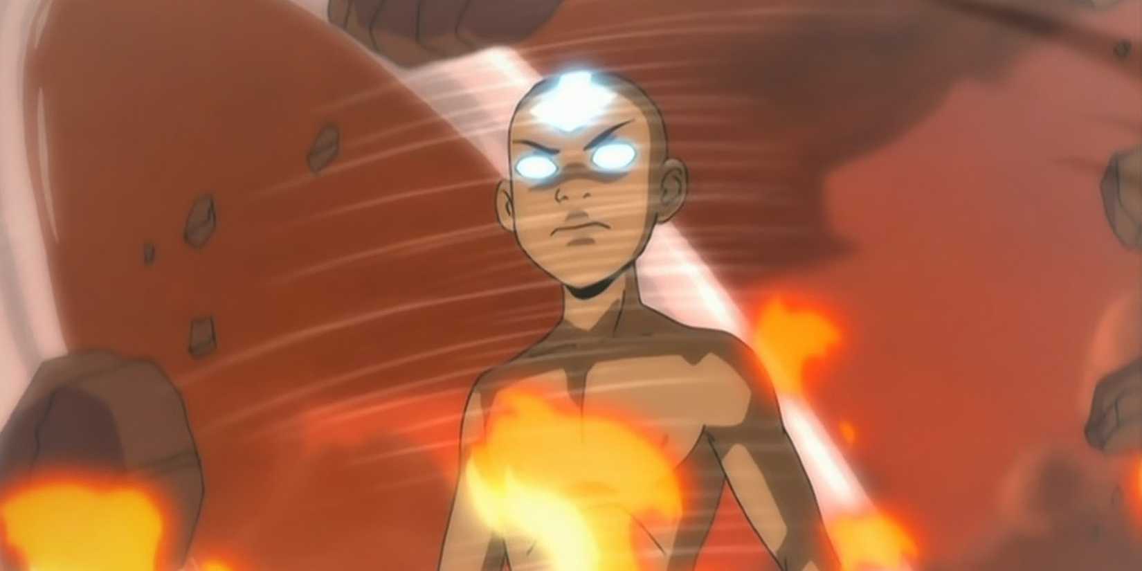 Aang bends the elements of the Avatar State.