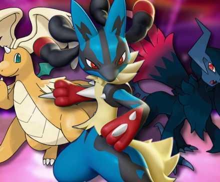 A collage of Mega Pokemon from various Pokemon games: Mega Dragonite, Mega Lucario, and Mega Absol Z.