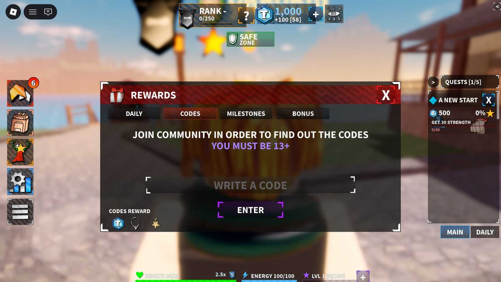 Anime Power League on the codes tab