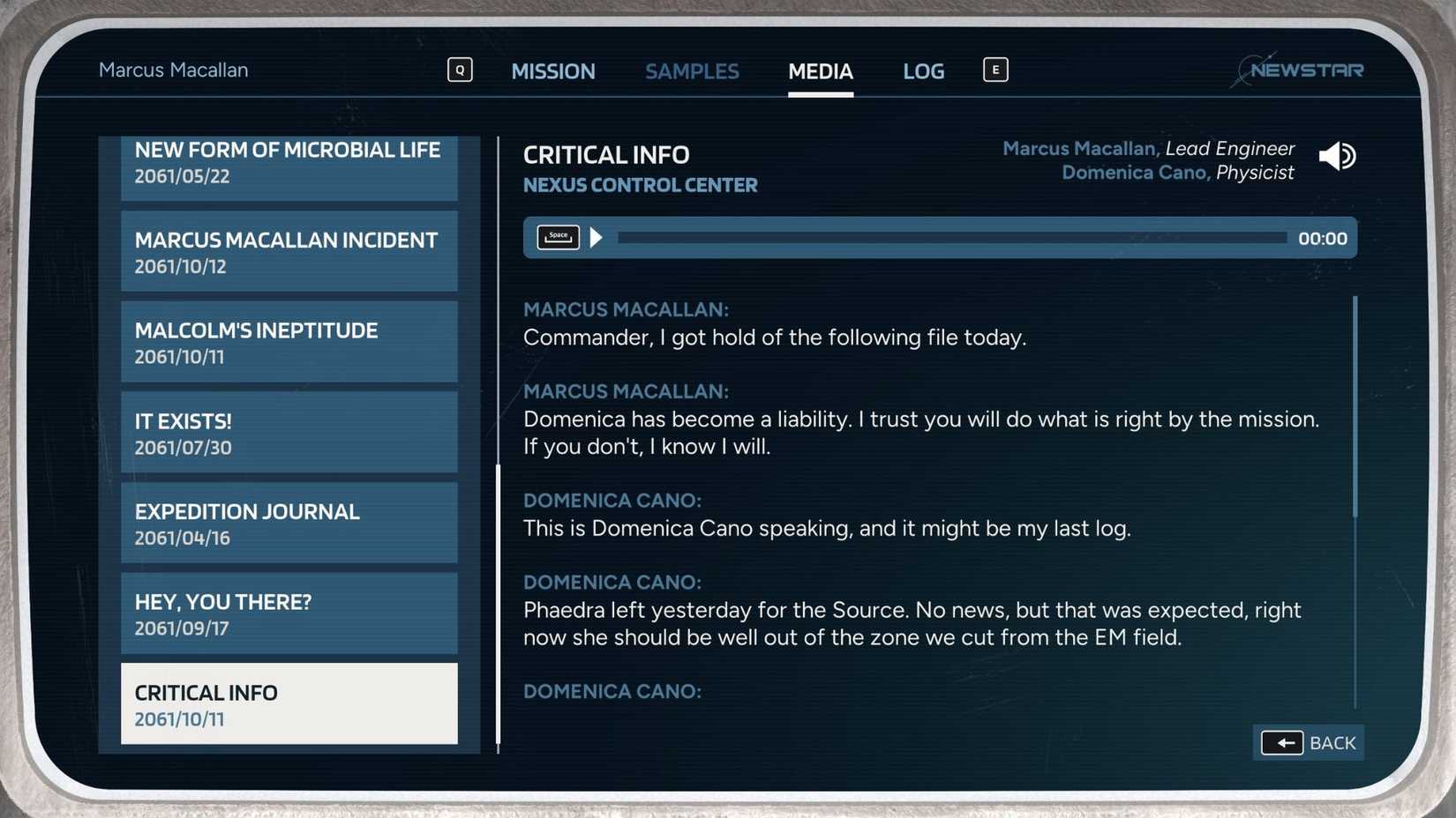 The Critical Info audiofile in the eighth chapter of Aphelion.
