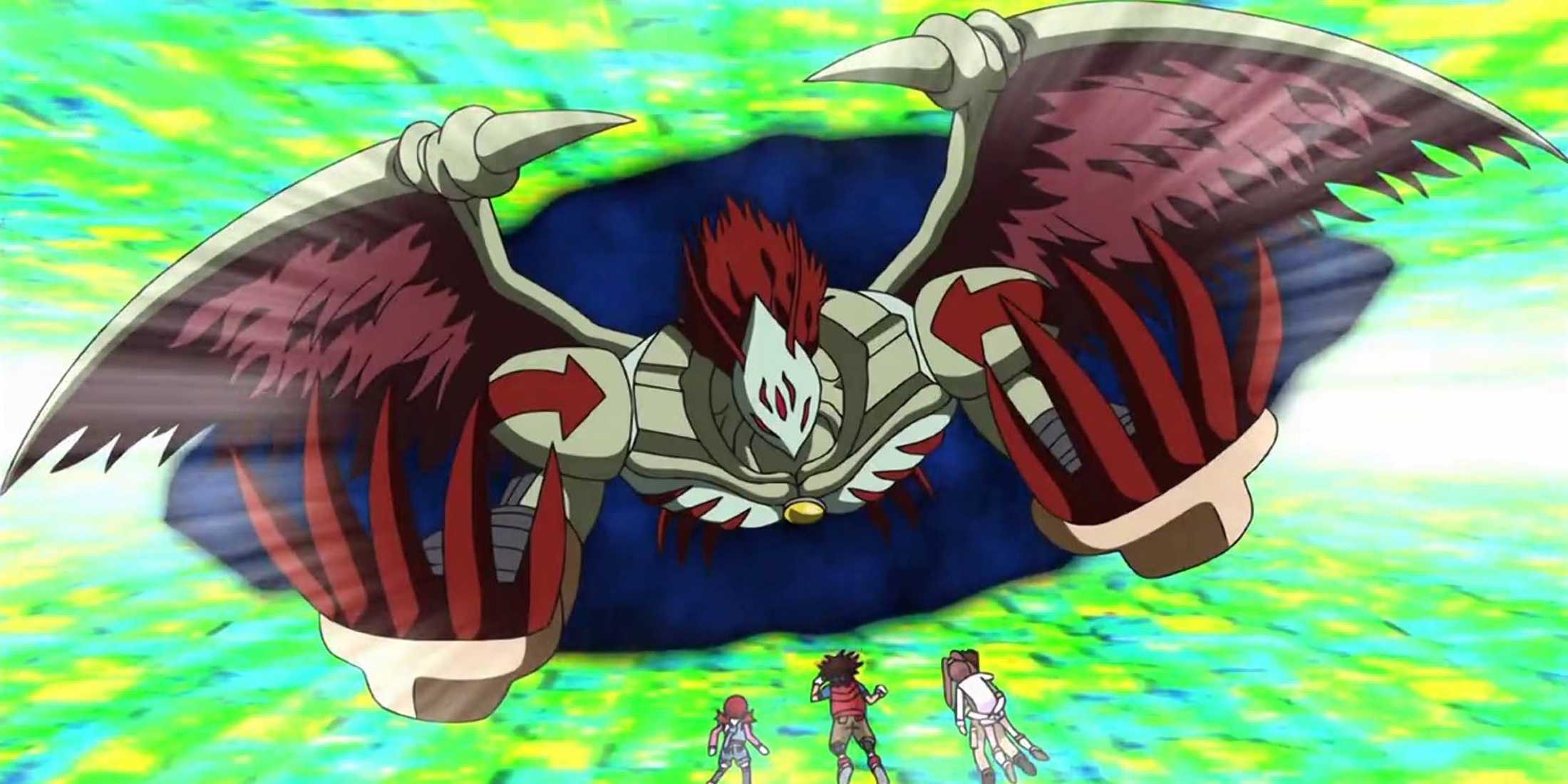 Arkadimon attacks the heroes from the Digimon Fusion anime.