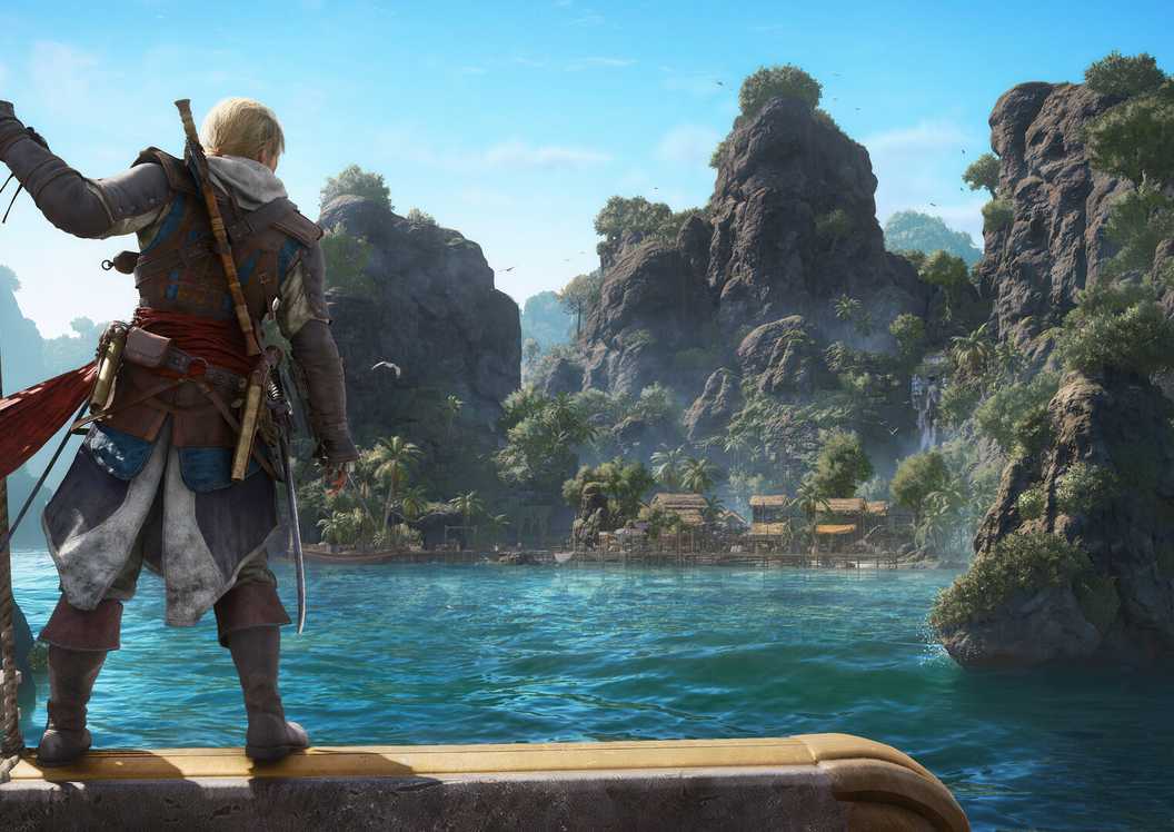 Edward Kenway on his ship, looking out to an island in Assassin's Creed Black Flag Resynced.