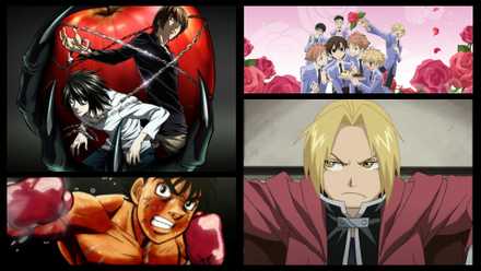Collage of some great 2000s anime: Death Note, Fullmetal Alchemist: Brotherhood, Ouran Highschool Host Club, and Hajime no Ippo.