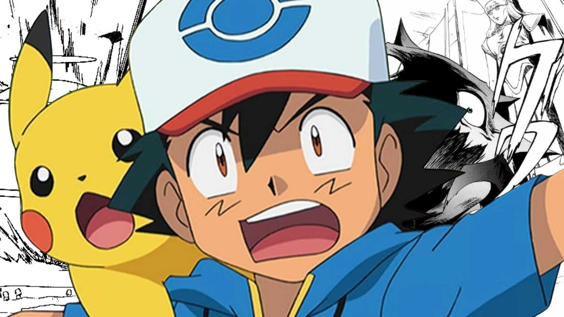 Ash and Pikachu looking scared in front of manga panels from Pokémon deaths.