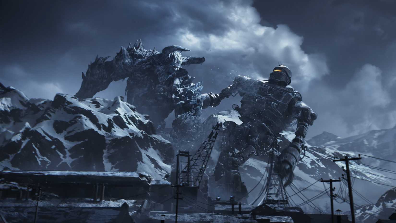 A frost giant and towering robot battle behind snowy mountains in Black Ops 7