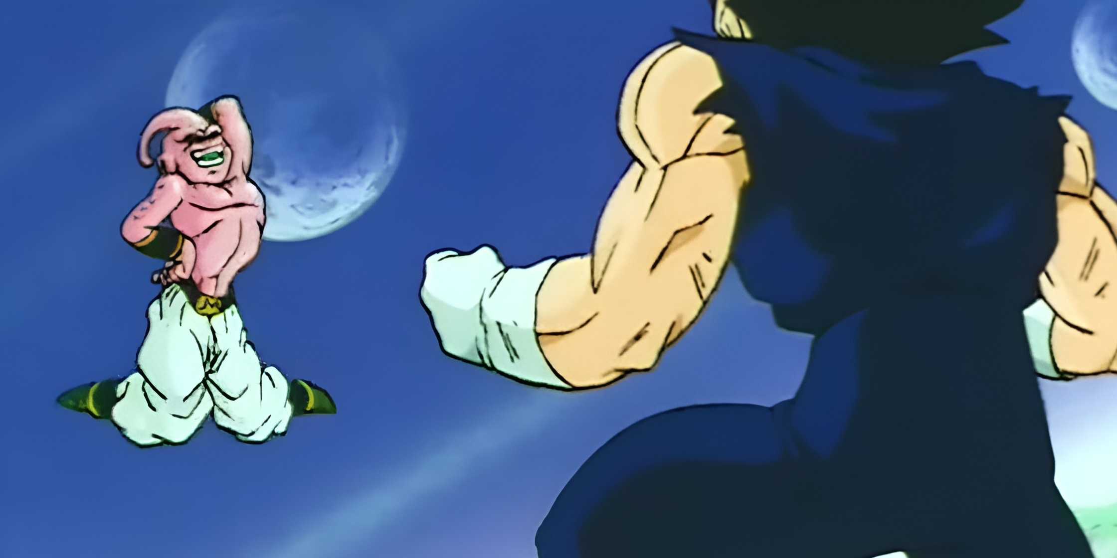 dragon ball kid buu dancing in front of vegeta