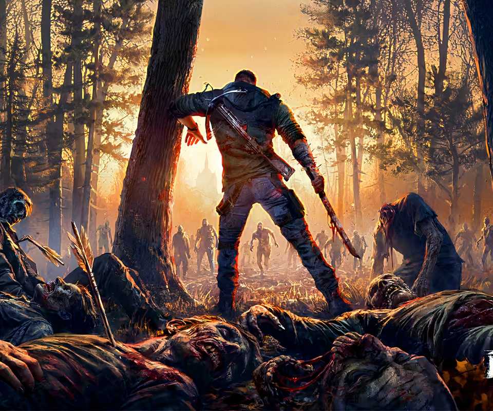 Dying Light's Kyle Crane stands center frame surrounded by zombies in a forest