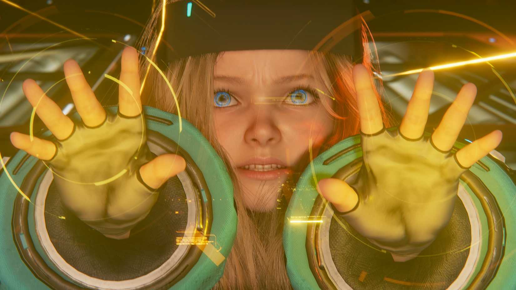 A straight on shot of Diana hacking something in Pragmata