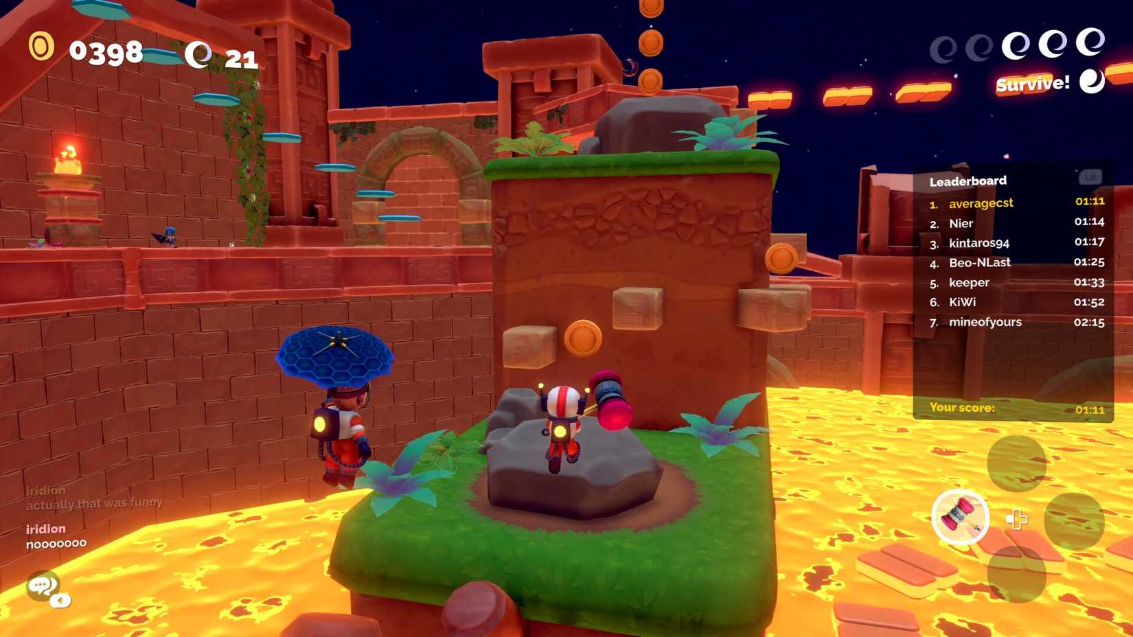 eworlds characters jumping on platforms in a lava river