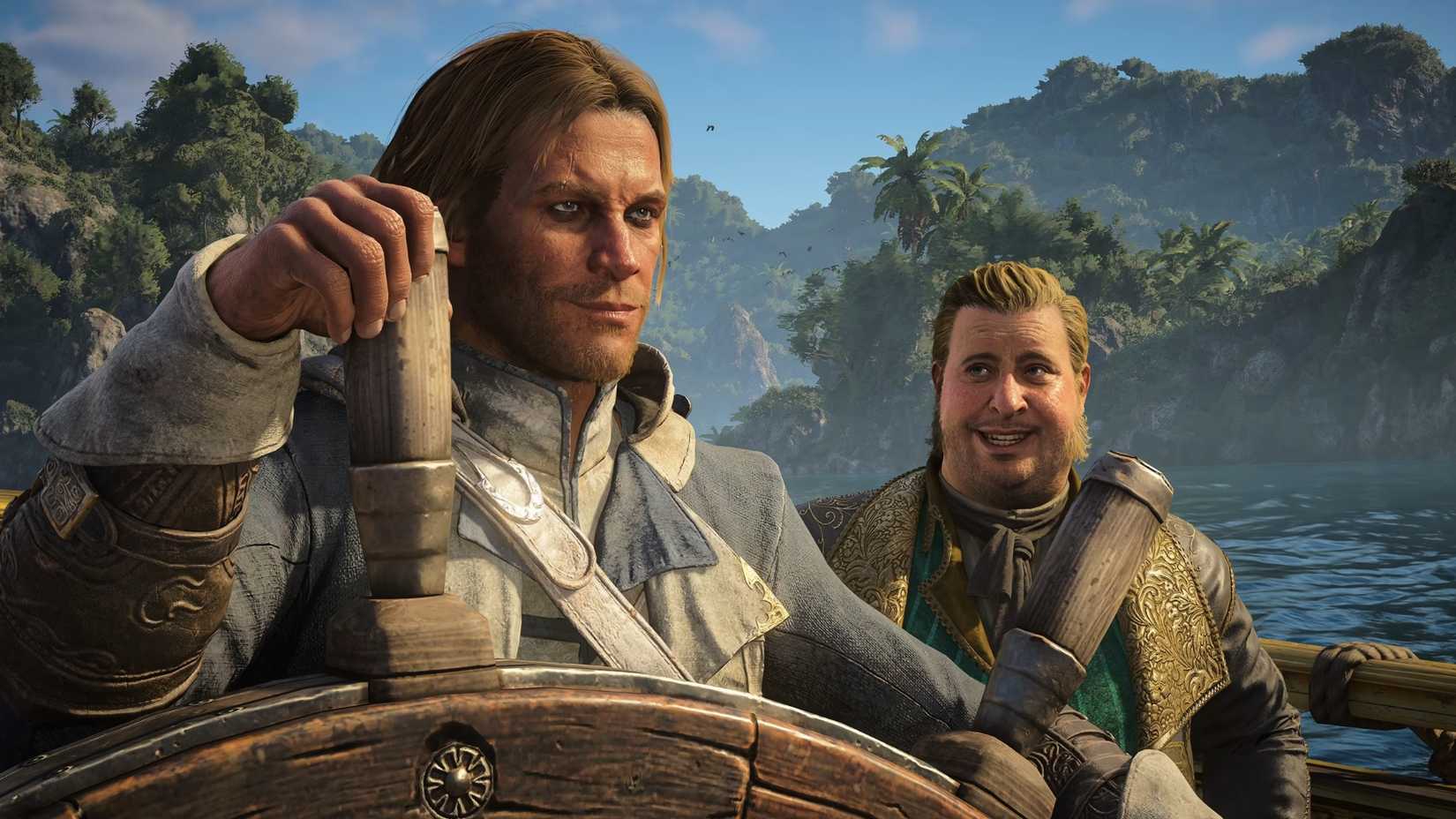close up shot of edward kenway sailing the boat in ac black flag resynchronized