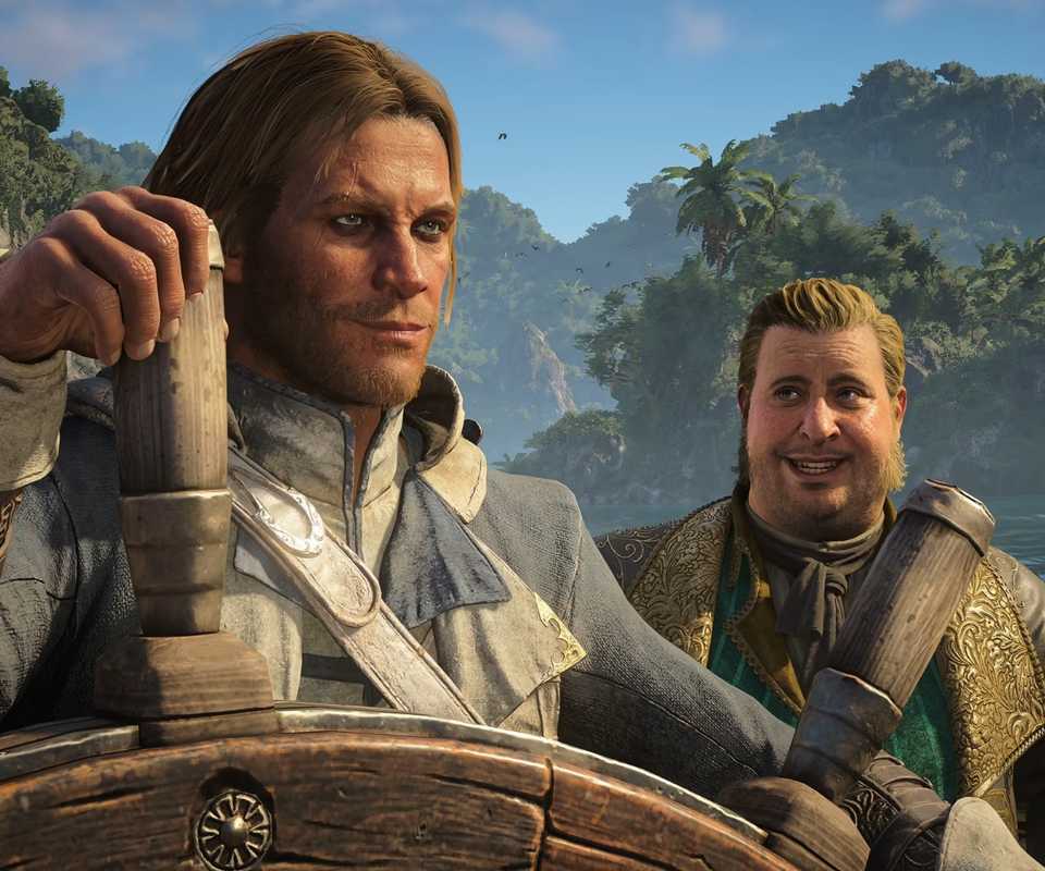 close up shot of edward kenway sailing a ship in ac black flag resynced