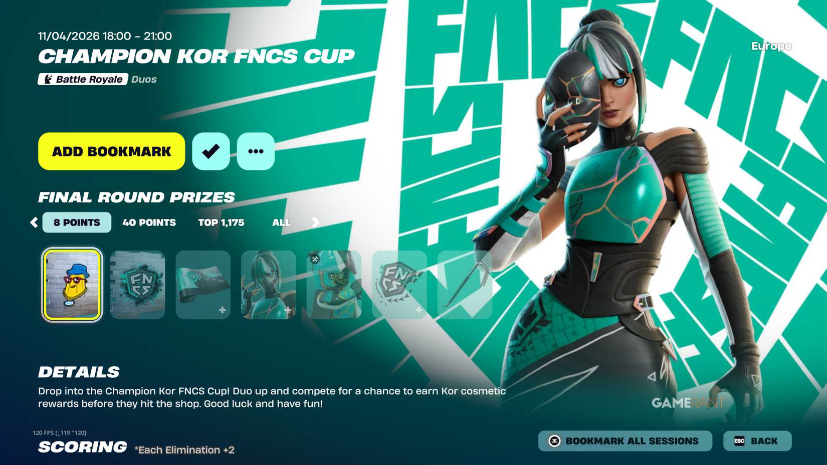 Fortnite Champion Kor FNCS Cup (Battle Royal Duos) start time and reward details