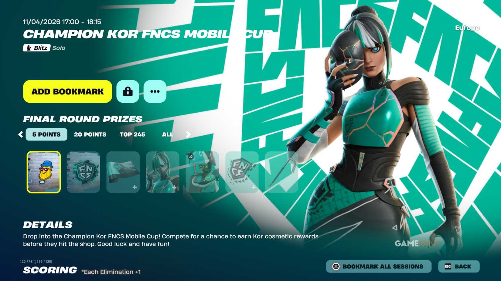 Fortnite Champion Kor FNCS Mobile Cup (Blitz Solo) Start Time and Reward Details