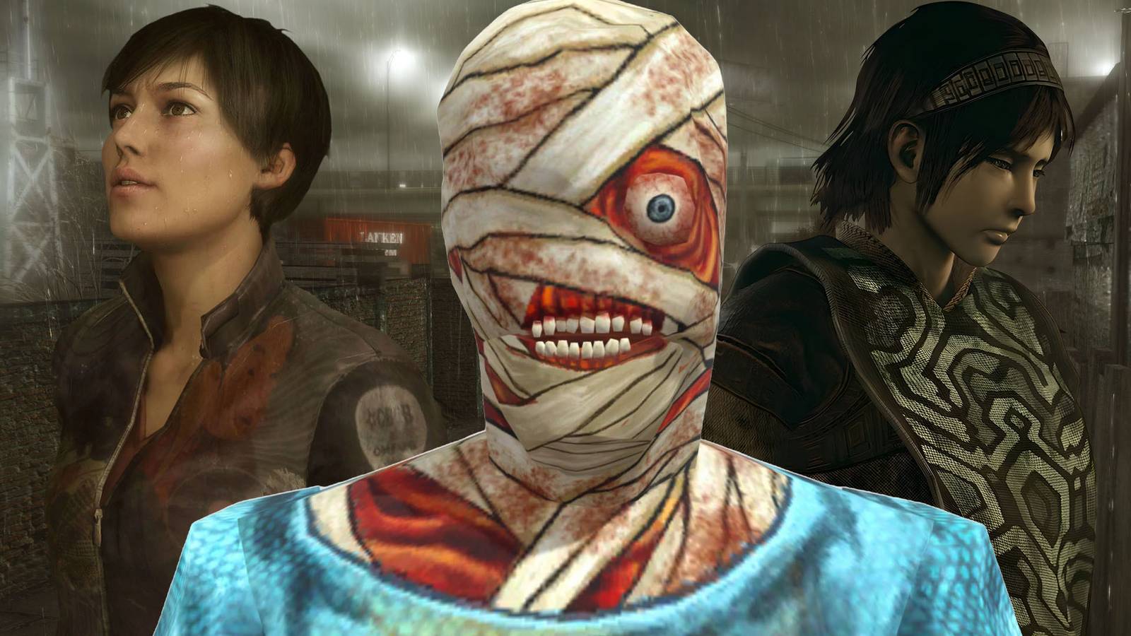 Feature image with Wander from Shadow of the Colossus, Captain Curly from Mouthwashing, and Madison from Heavy rain