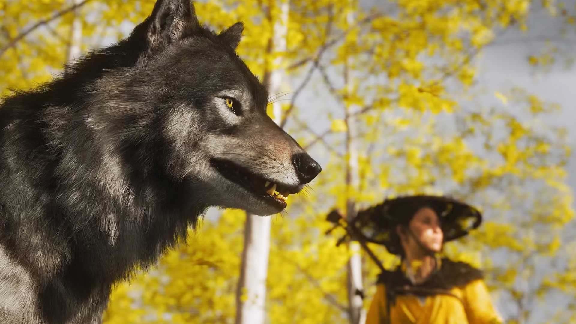 A Ghost of Yotei screenshot depicting Atsu and her wolf in a Ginko forest during broad daylight.