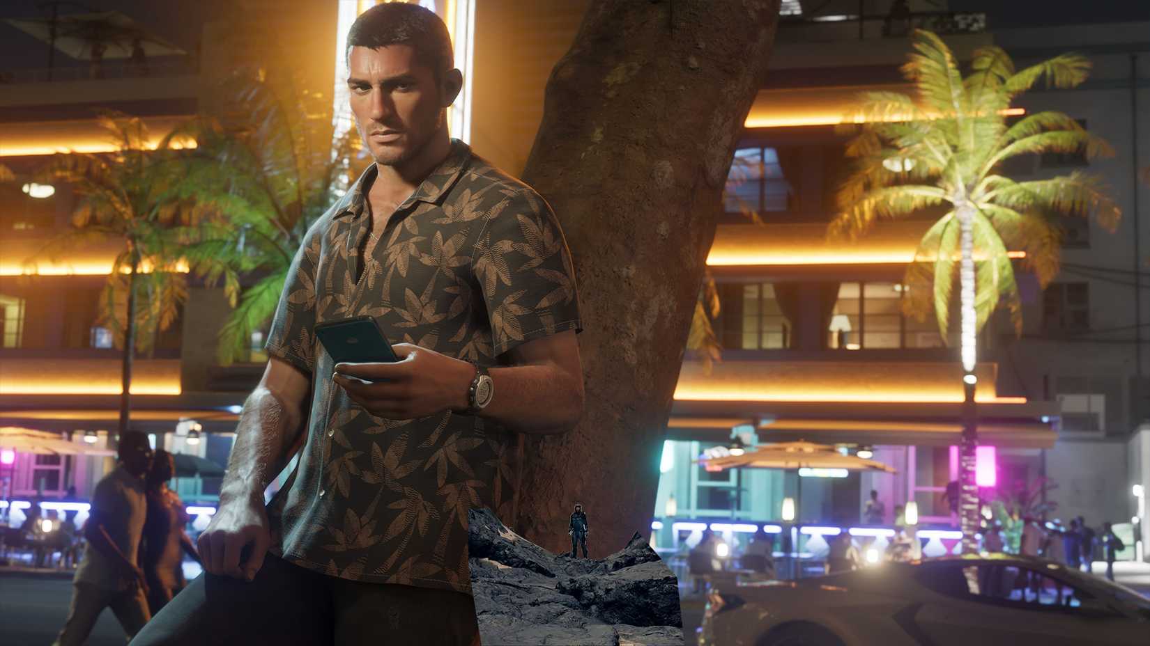 In GTA 6, Jason leans against a tree at night.