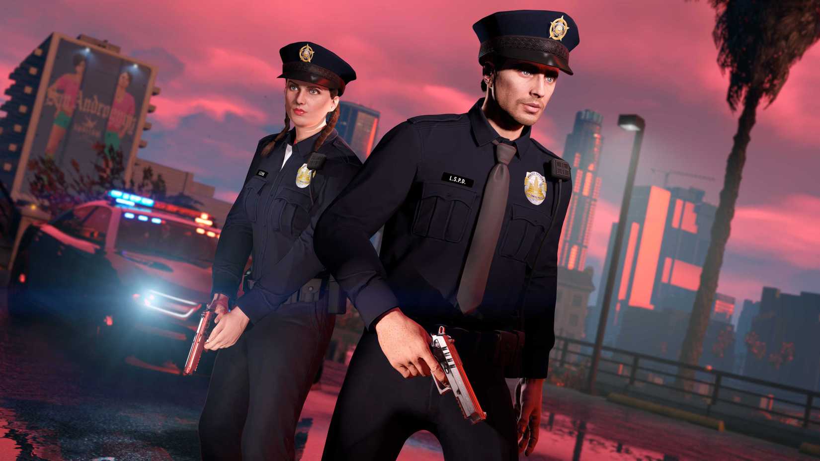 GTA Online police officers rose red sky in Los Santos