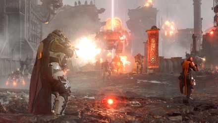 Two Helldivers facing off against a horde of robots and cyborgs on Cyberstan in Helldivers 2.