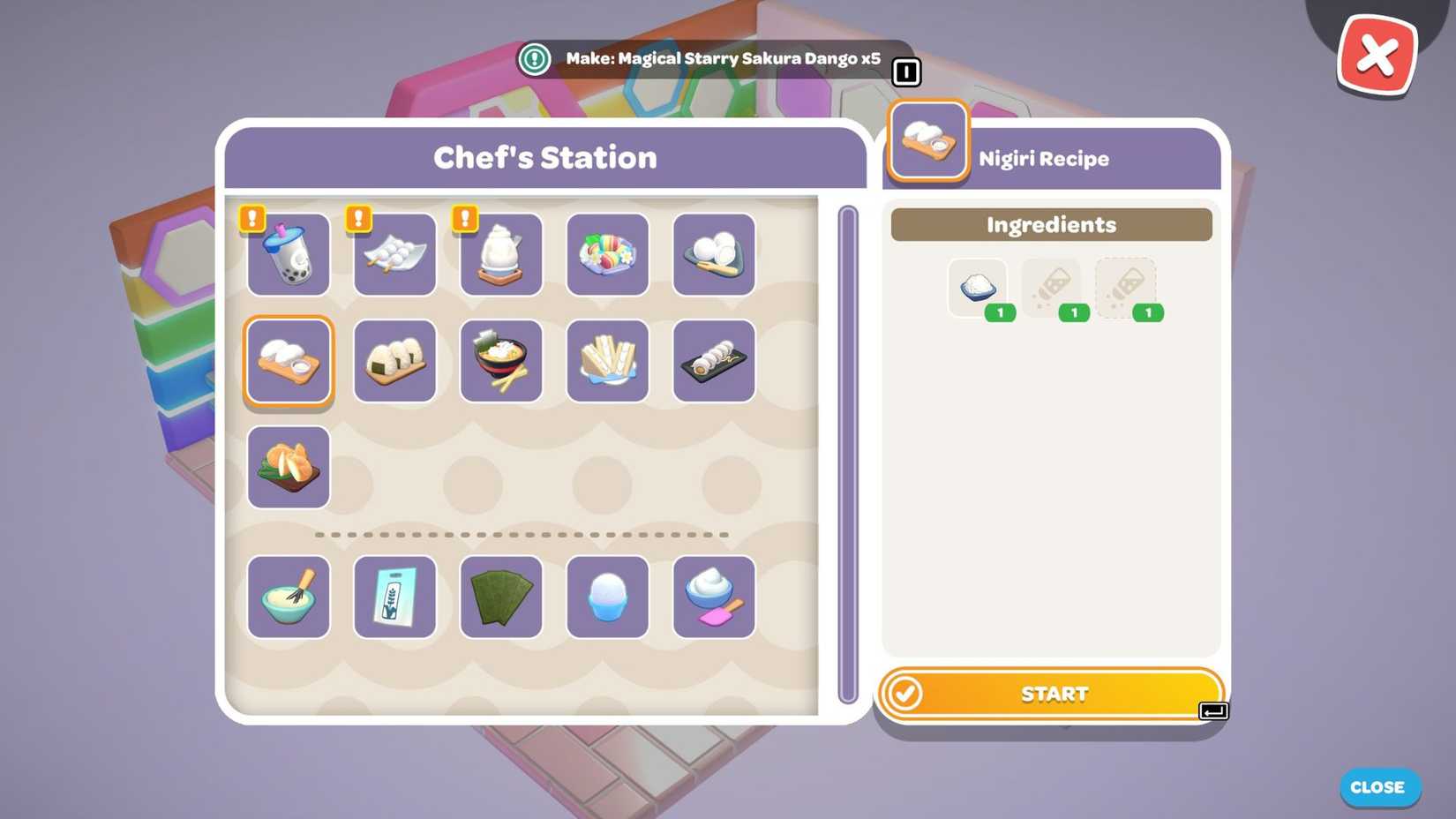 The recipe for Nigiri in Hello Kitty Island Adventure