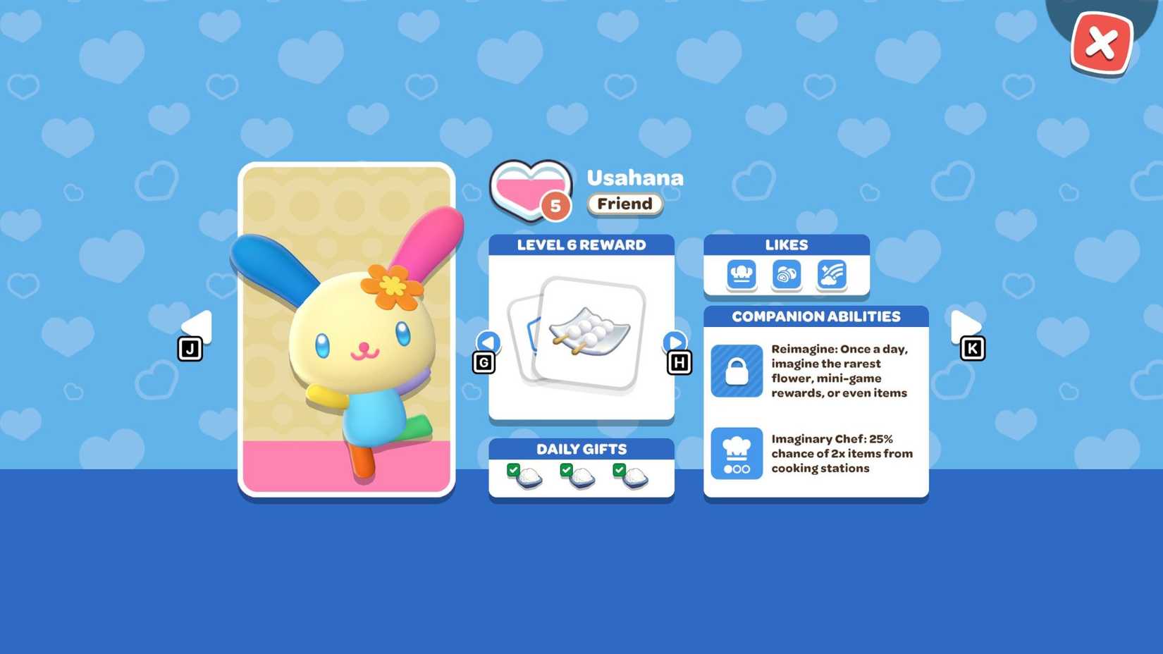 L'avatar d'Usahana, le score de son ami, ses likes, ses récompenses et ses compétences de compagnon sont affichés dans la liste d'amis d'un joueur dans Hello Kitty Island Adventure.