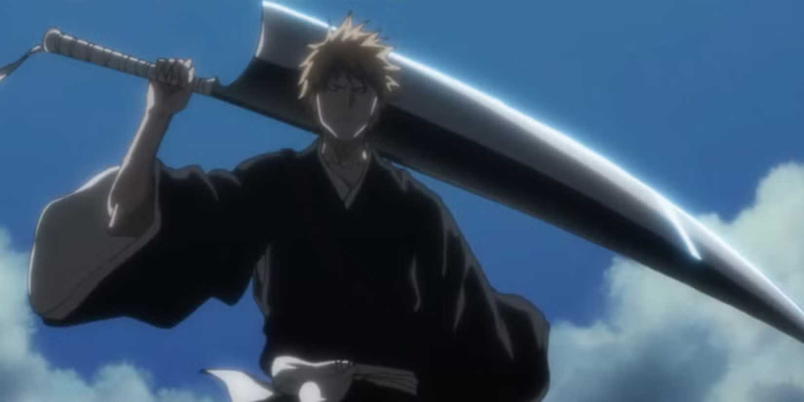 Ichigo holds Zangetsu's original Shikai over his shoulders in Bleach