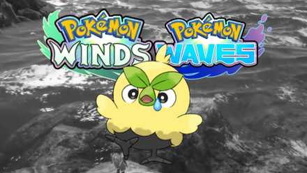A Pokemon Winds and Waves screenshot with no color, with the games' logos front and center alongside a crying Browt