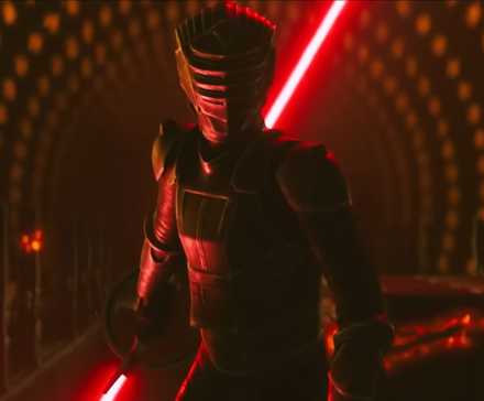 Inquisitor Marrok stands on top of a train in a tunnel in Star Wars Maul Shadow Lord