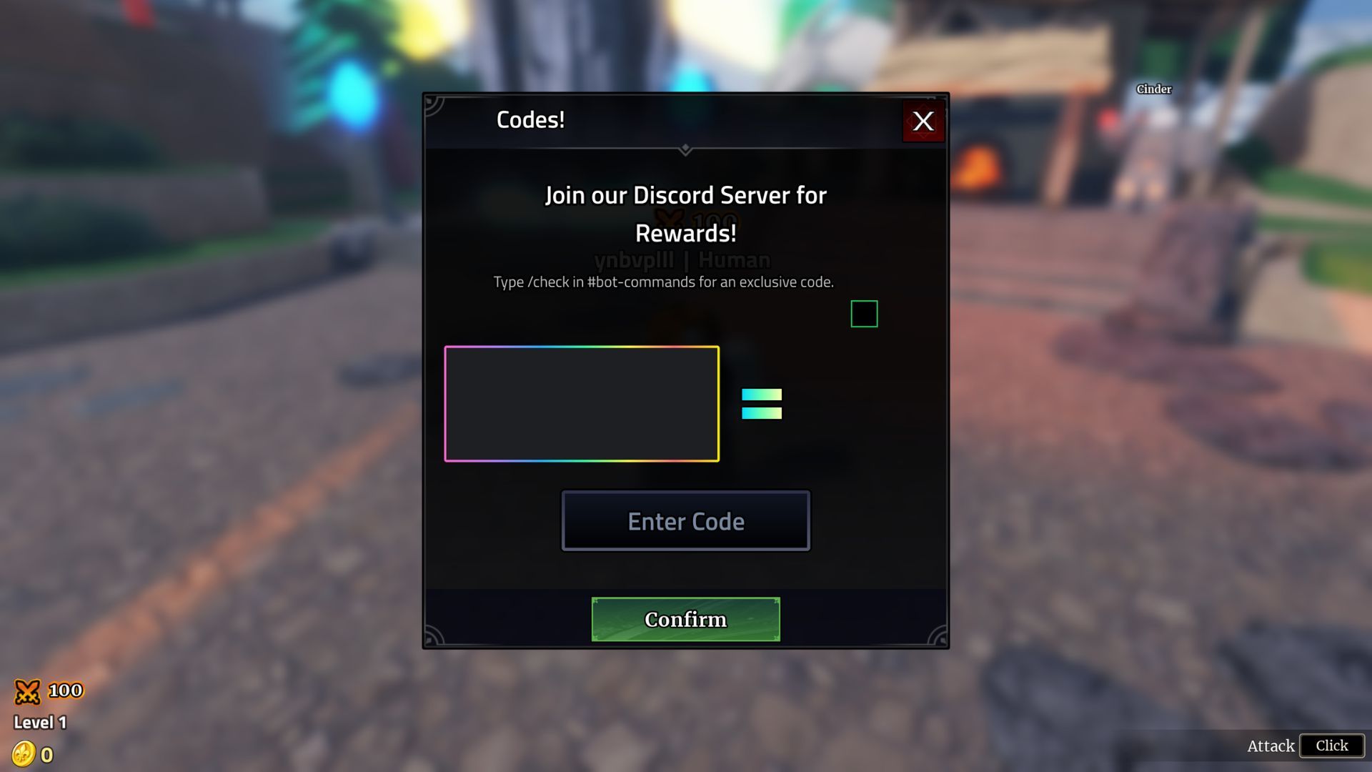 Iron Soul Dungeon codes tab in Roblox Iron Soul Dungeon code menu