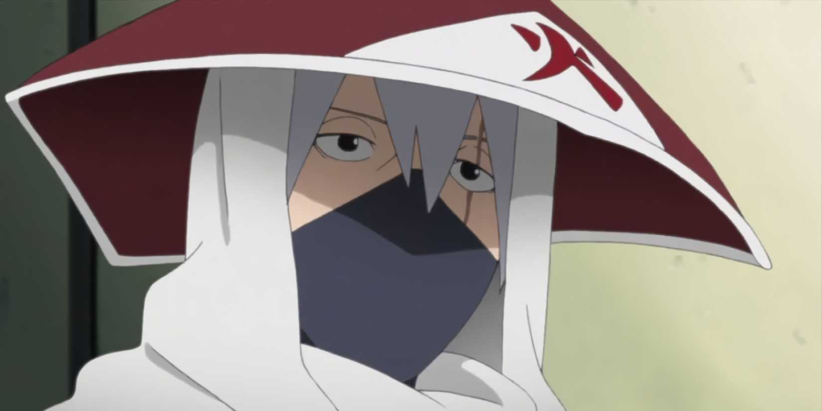 Kakashi as Hokage in the rank's signature hat and cloak. 
