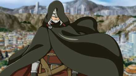 Kashin Koji standing in front of Konoha with a cloak.