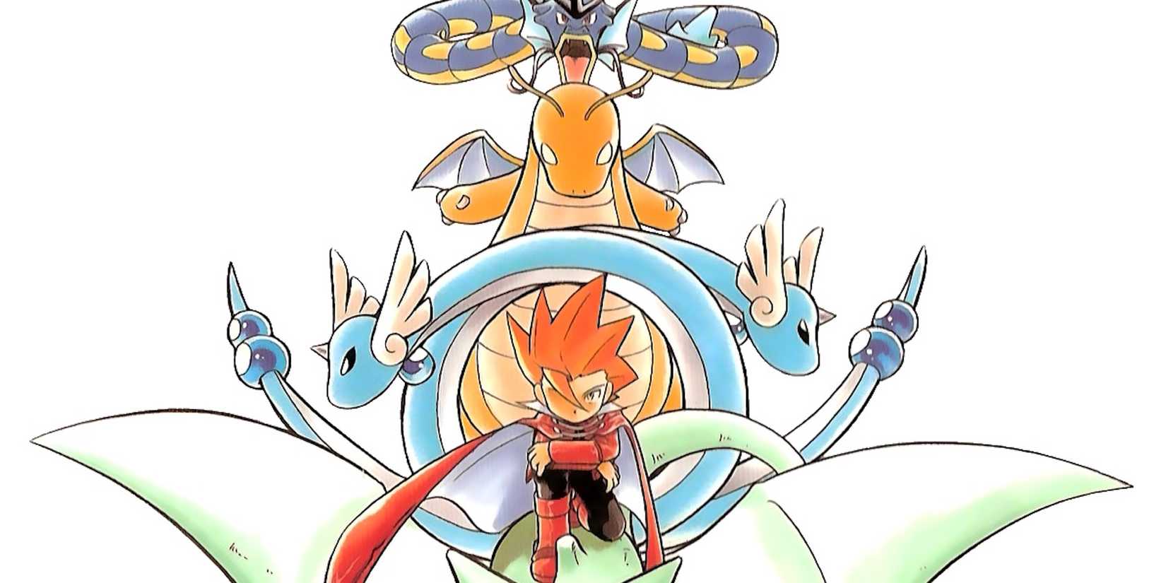 Lance riding on his Aerodactyl while his Dragonite, Gyarados and twin Dragonair fly beside them.