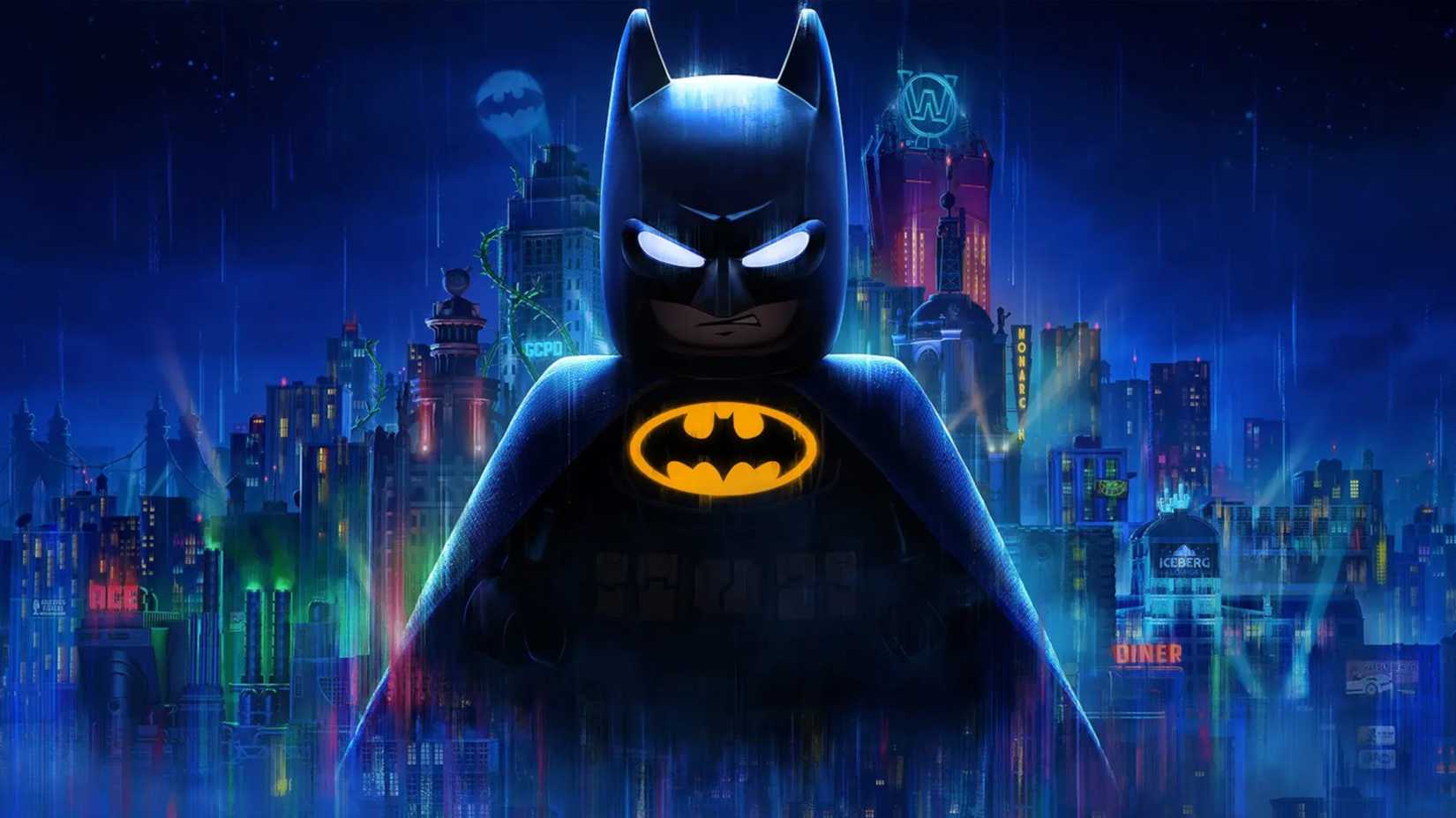 LEGO Batman standing in front of Gotham City in Legacy of the Dark Knight
