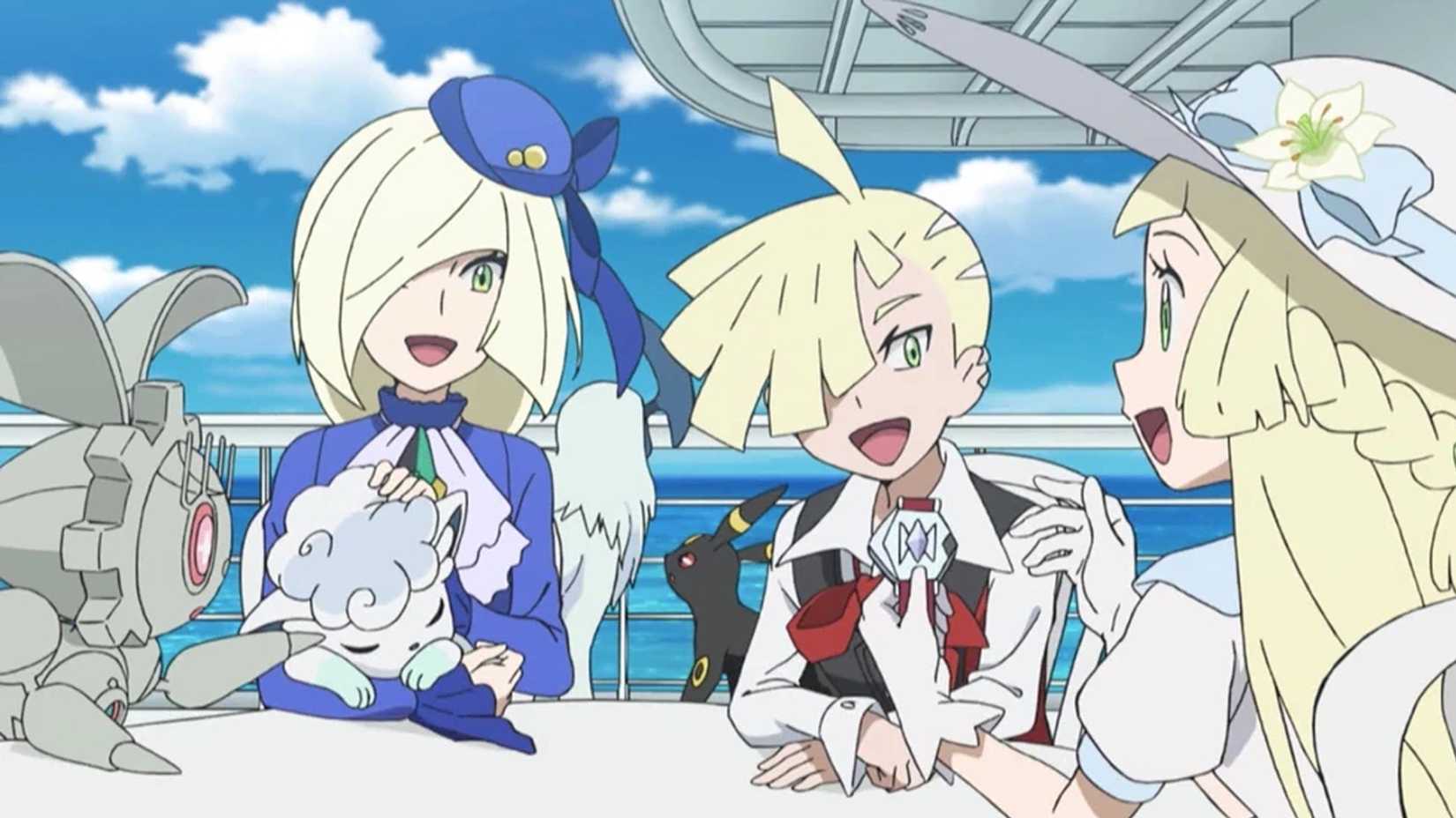 Lusamine, Gladion, and Lillie together with a Magearna, Vulpix, Absol and Umbreon in the Pokemon anime