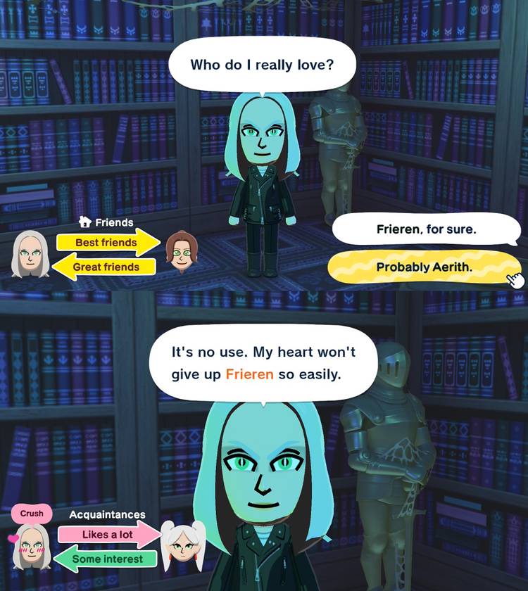 If the Mii is stuck between two crosses and the player chooses one, the Mii can reject the player and go to another option instead.