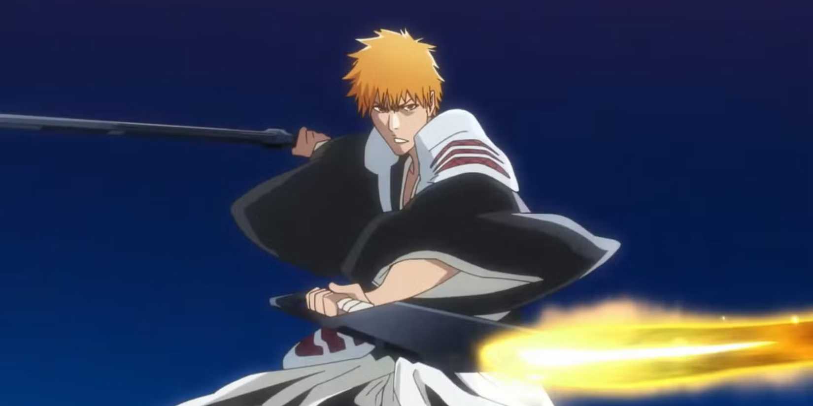 Ichigo launches the Getsuga Jujisho on Yhwach in the third season of Bleach: The Thousand-Year Blood War.