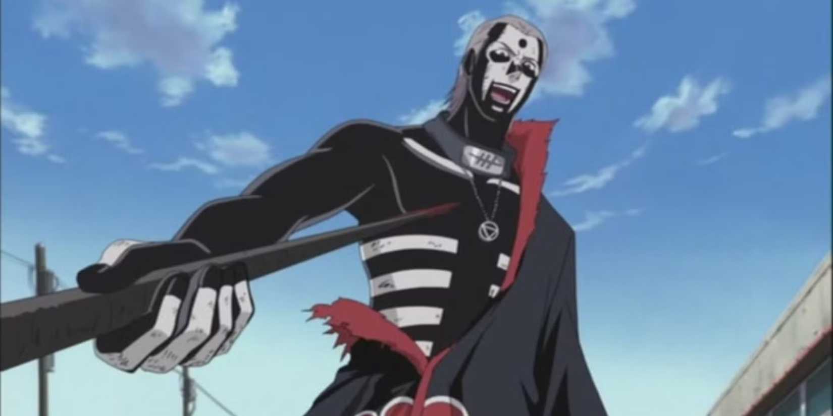 Hidan laughs as he prepares to kill Asuma while using the Curse Technique: Death Controlling Possessed Blood technique in Naruto: Shippuden.