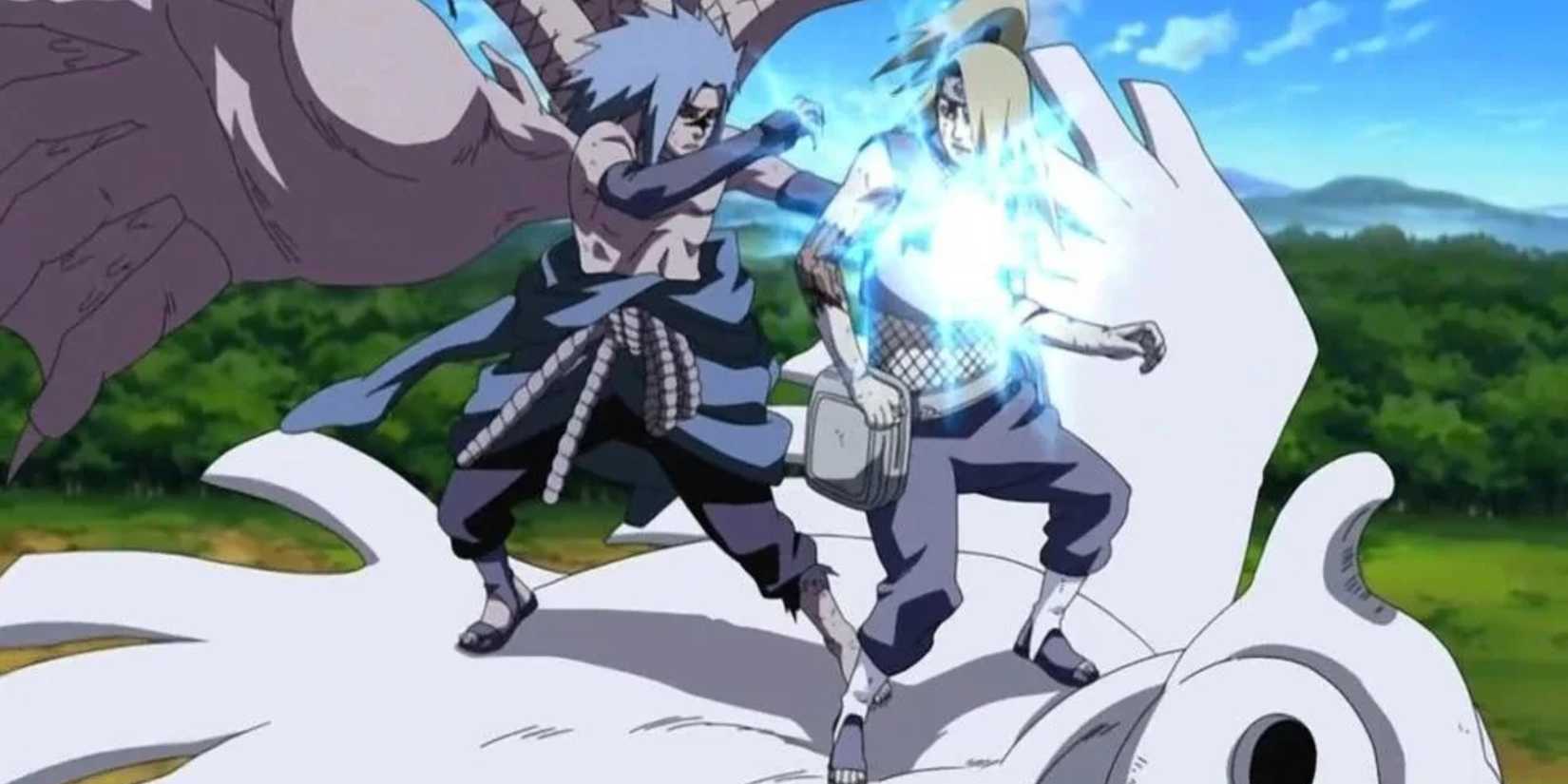 Sasuke stabs Deidara with a Chidori during their fight in Naruto: Shippuden.