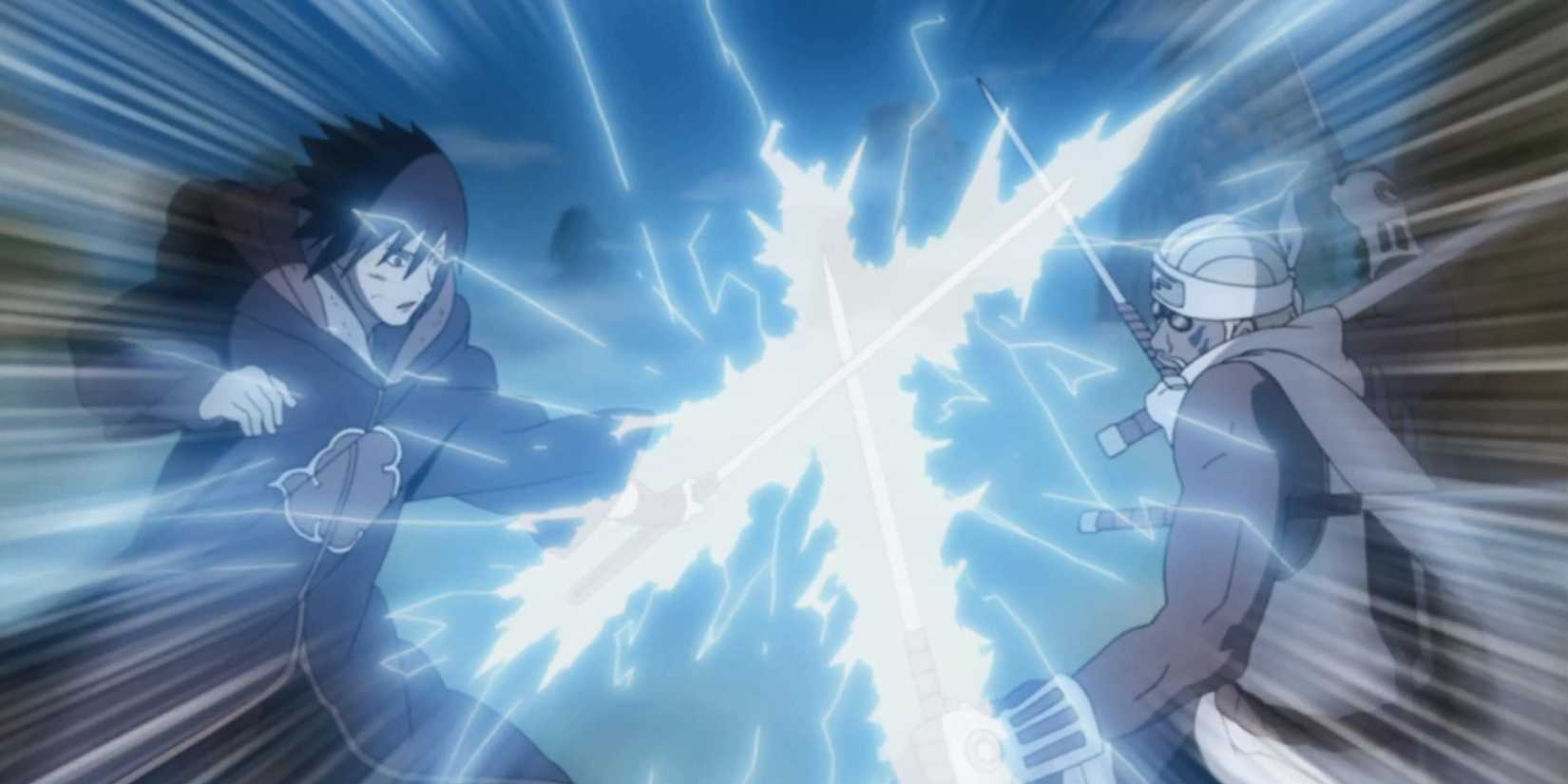 Sasuke and Killer B clash with their swords in Naruto: Shippuden