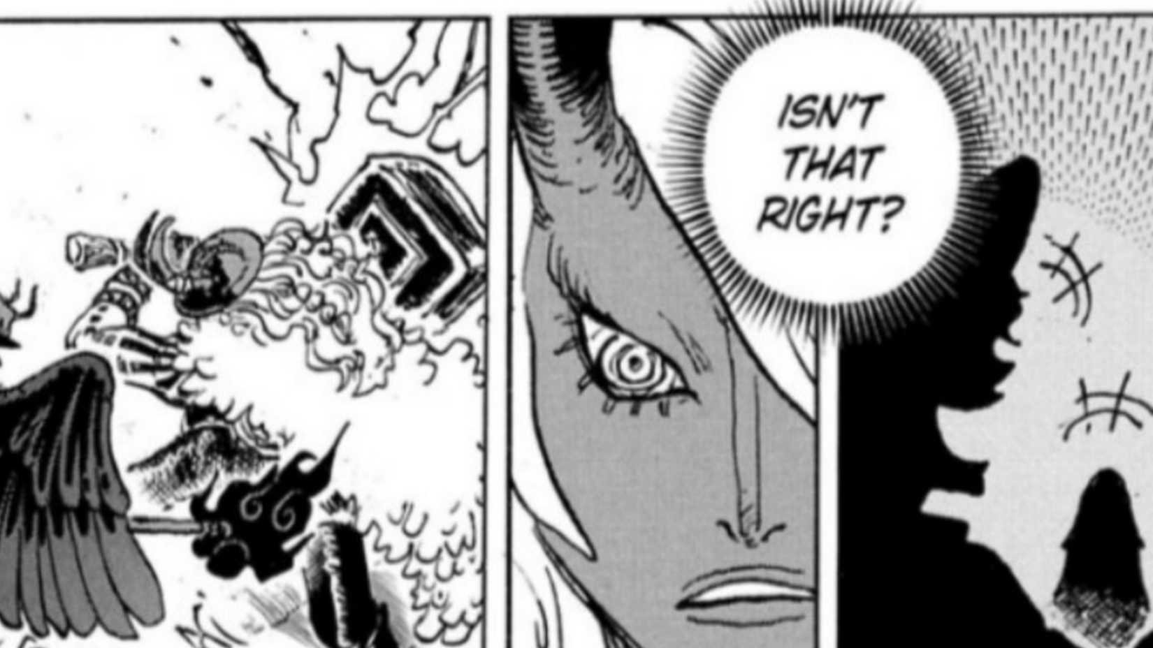 Official manga panel from One Piece chapter 1181 showing a close-up of Imu's face, along with a laughing Joy Boy asking him 