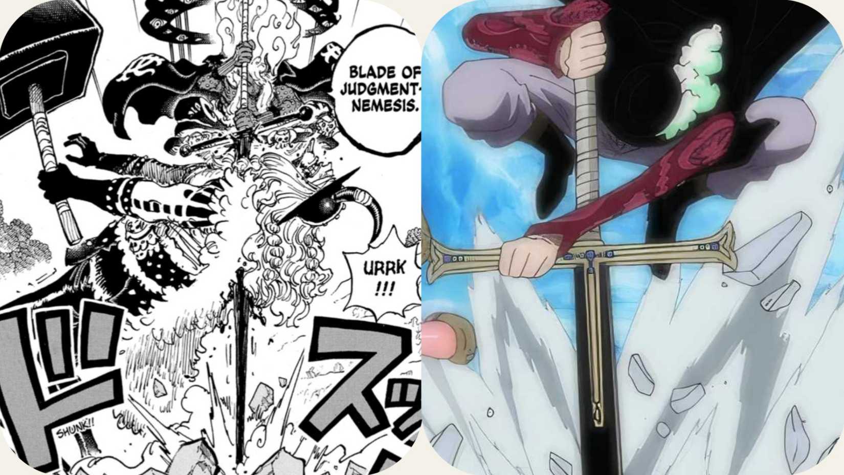 Side by side comparison of Nerona attacking Loki with her doom blade Nemesis on the left and Dracule Mihawk attacking with her sword Yoru on the right
