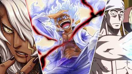 Image of three gods of one piece, Nerona emu on left, monkey in center as Nika d. Luffy and Ennel on the right